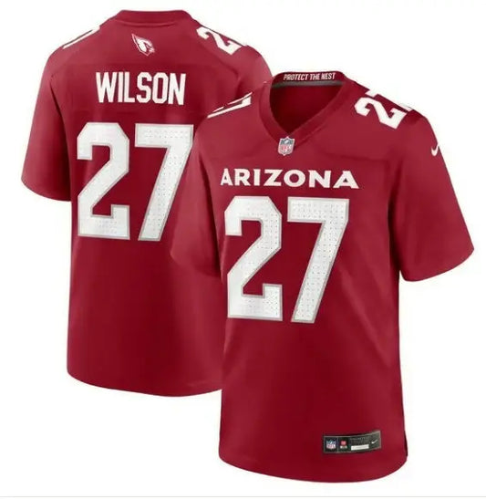 Red Arizona Cardinals Wilson number 27 Nike game jersey displayed for sale
