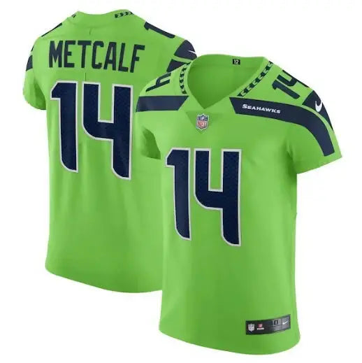 Lime green Seattle Seahawks DK Metcalf Nike Vapor Elite football jersey with number 14