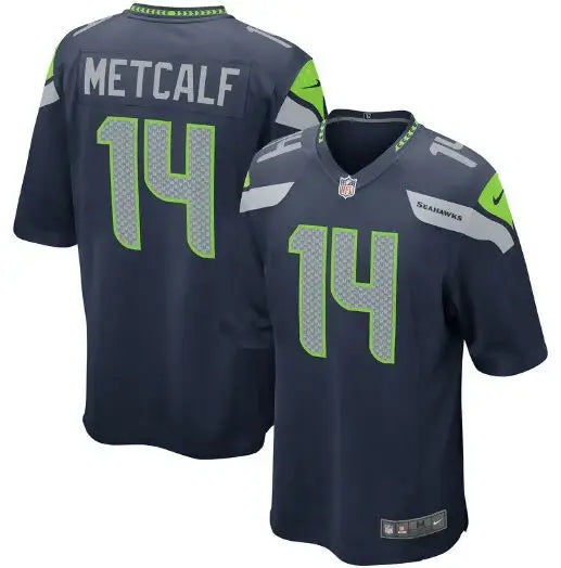 Navy blue Seattle Seahawks DK Metcalf football jersey with 14 printed on front