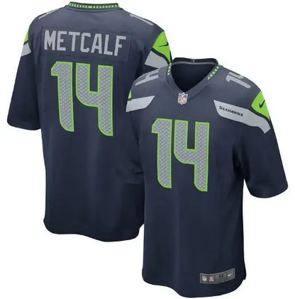 Navy blue Seattle Seahawks DK Metcalf football jersey with 14 printed on front