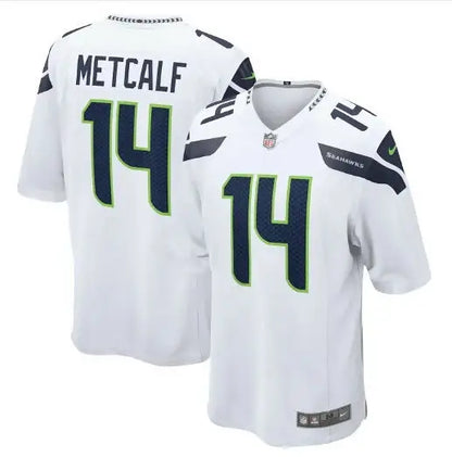 White Seattle Seahawks DK Metcalf jersey with blue METCALF and 14 numbers with green trim