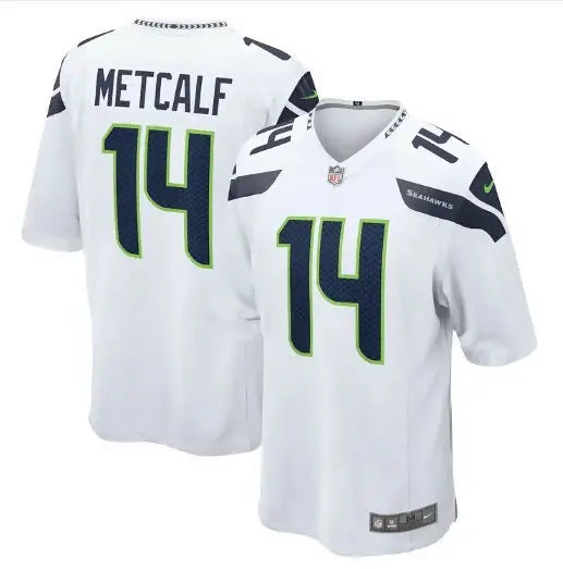 White Seattle Seahawks DK Metcalf jersey with blue METCALF and 14 numbers with green trim