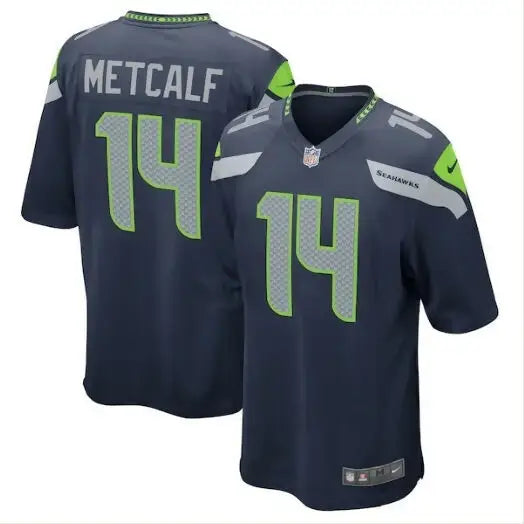 Navy blue Seattle Seahawks DK Metcalf #14 Nike Game Team Jersey with lime green and gray accents