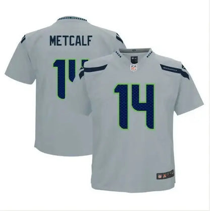 Grey football jersey with METCALF and 14 in blue and green trim for Seattle Seahawks infant jersey