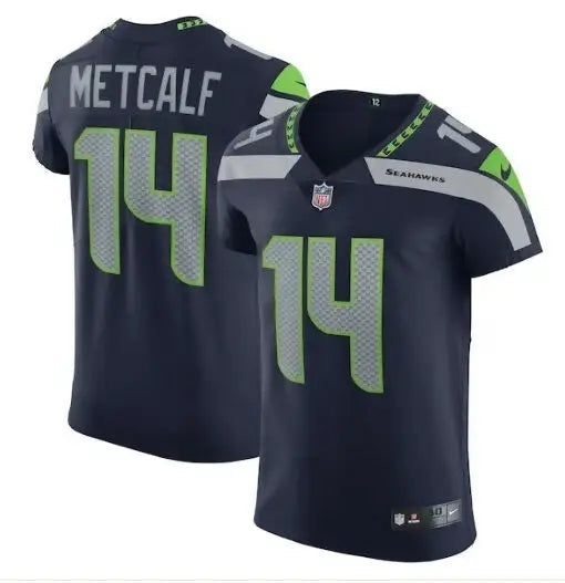 Dark blue Seattle Seahawks Nike Vapor Elite player jersey with METCALF 14 on the back