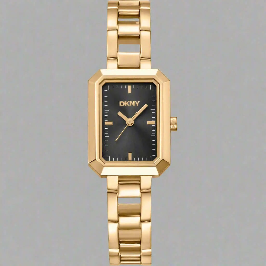 Gold tone rectangular women’s watch with black dial from DKNY Women’s collection