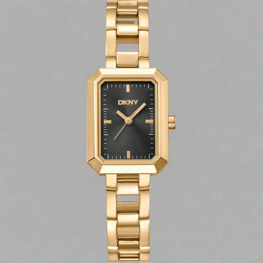 Gold tone rectangular women’s watch with black dial from DKNY Women’s collection