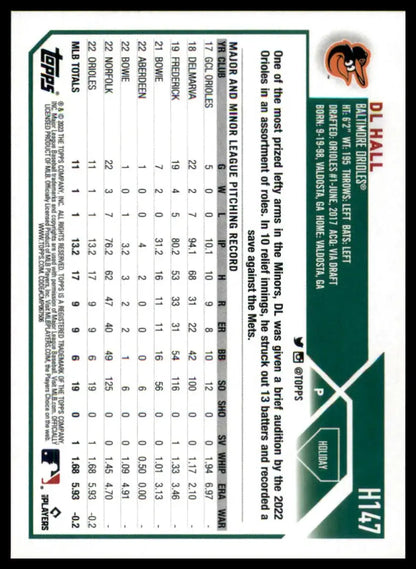 DL Hall baseball card from Topps Holiday 2023 Baltimore Orioles collection