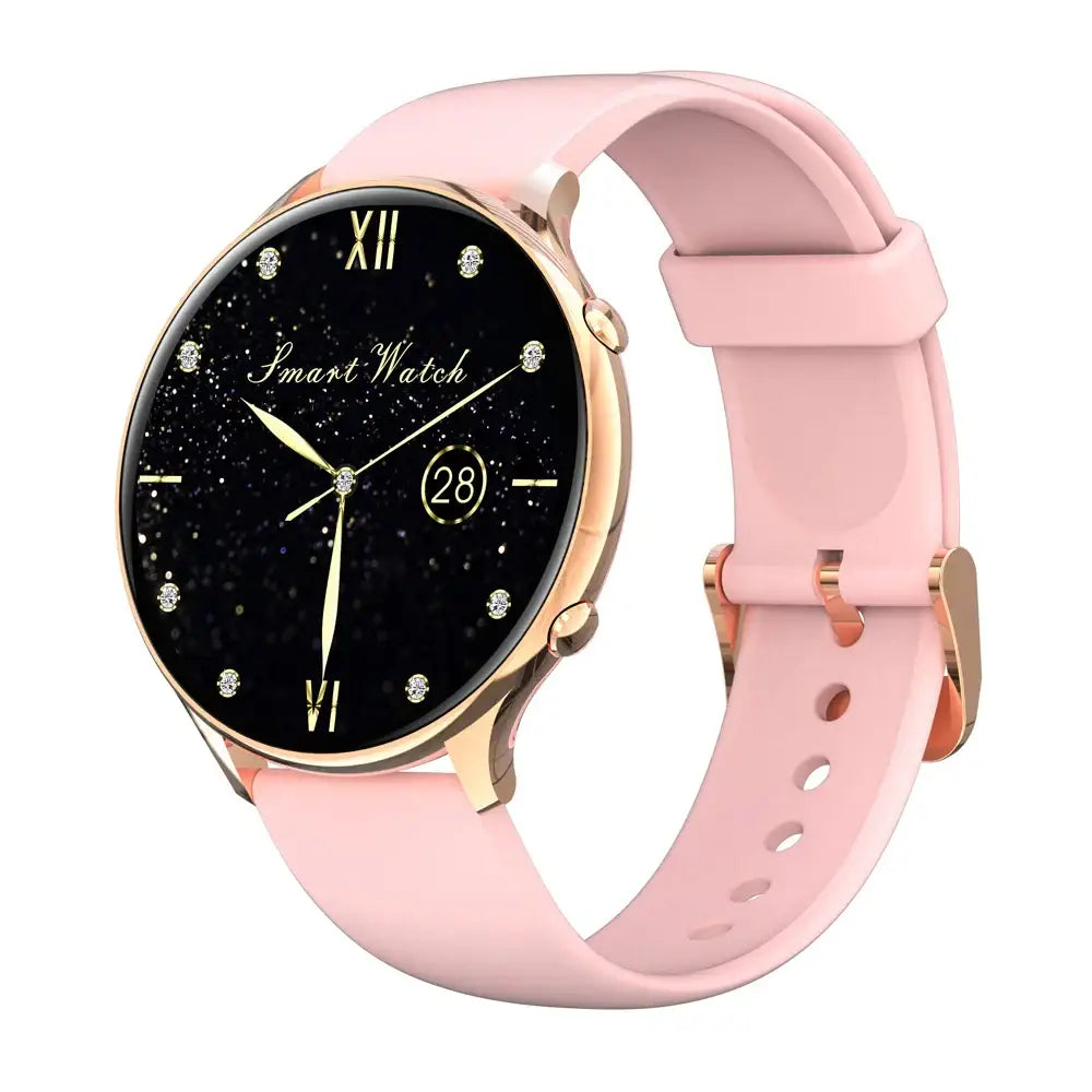 Ladies smartwatch with alloy gold round design, pink silicone band, and health monitor