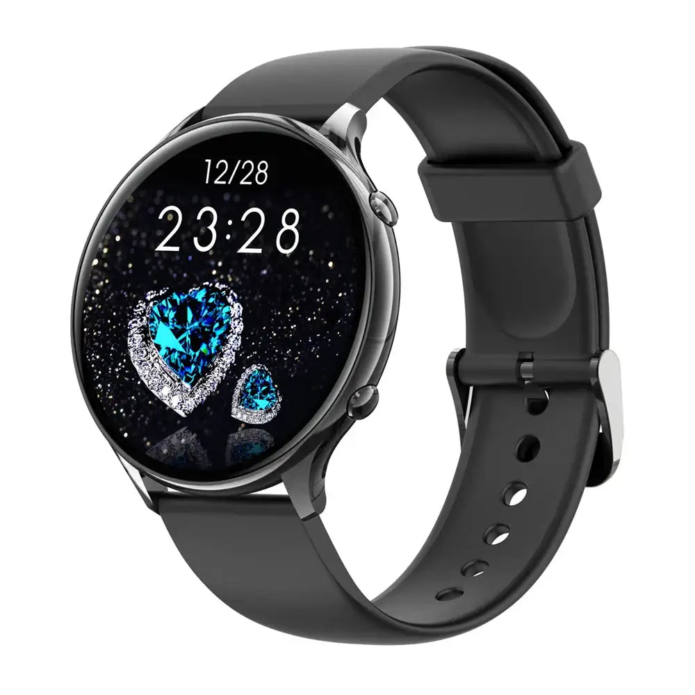 Ladies smartwatch with alloy gold round design, heart rate blood oxygen monitor, stylish and functional
