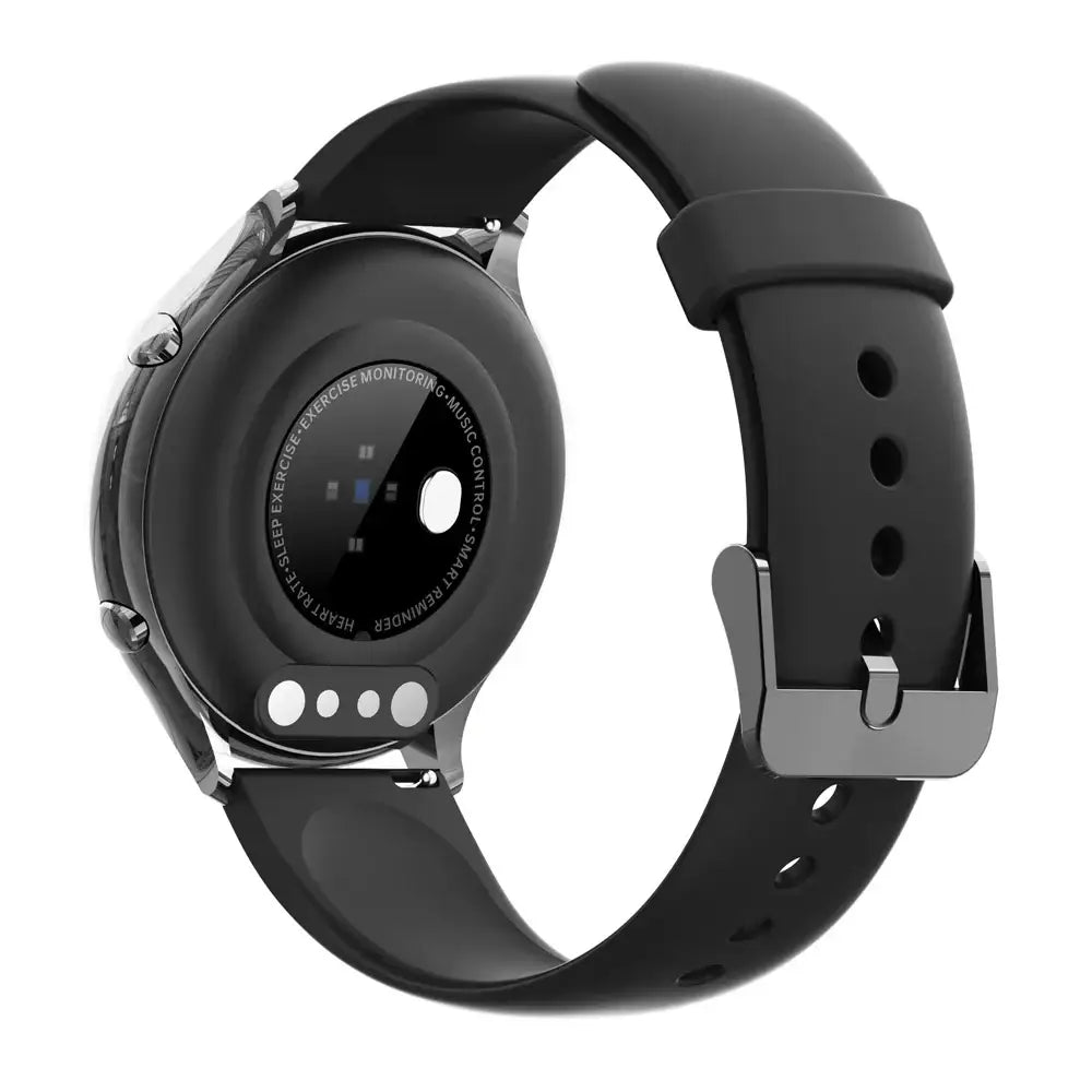 Ladies smartwatch with alloy gold round design, heart rate monitor, and silicone band