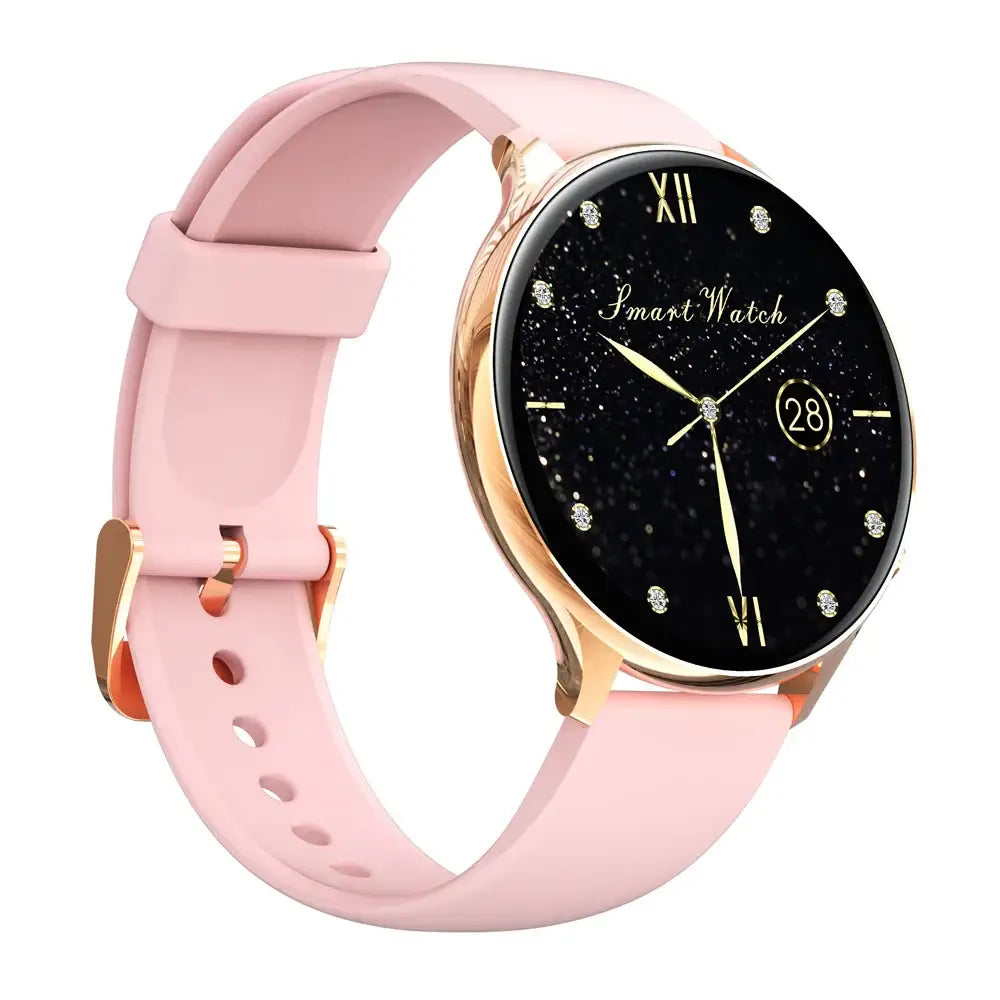 Pink ladies smartwatch with alloy gold round case and black sparkling face for business days