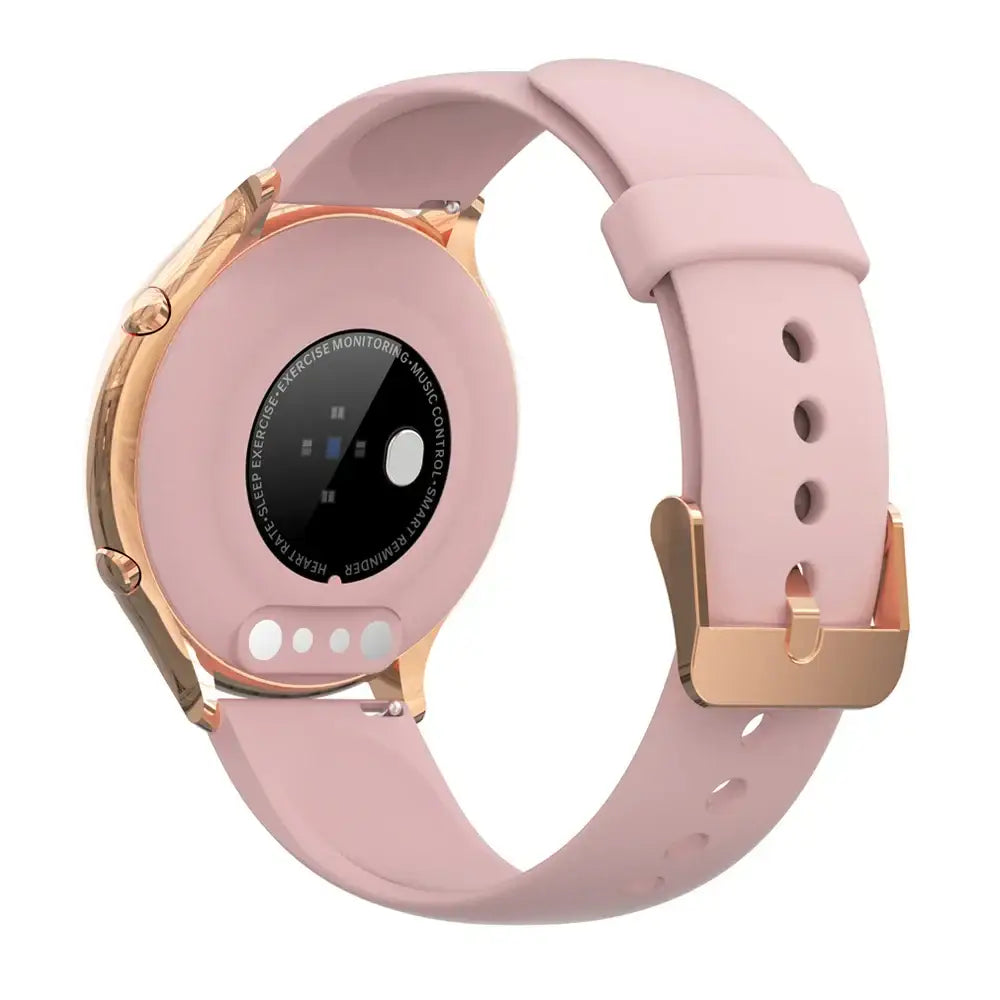 Ladies smartwatch with rose gold alloy gold round design, pink silicone band, heart rate sensor