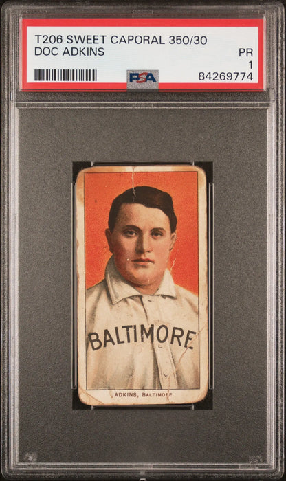 Vintage T206 Sweet Caporal card of Doc Adkins, graded PSA 1, displayed in holder
