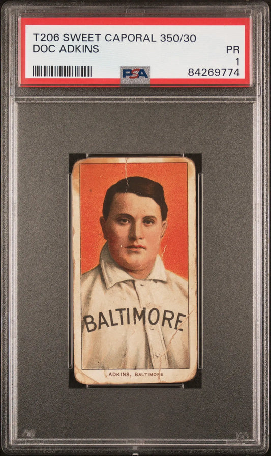 Vintage T206 Sweet Caporal card of Doc Adkins, graded PSA 1, displayed in holder