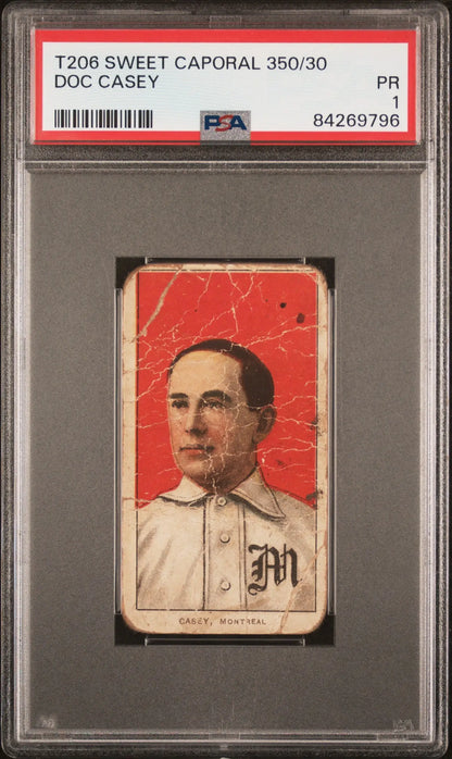 Vintage T206 Sweet Caporal Doc Casey baseball card graded PSA 1 in protective holder