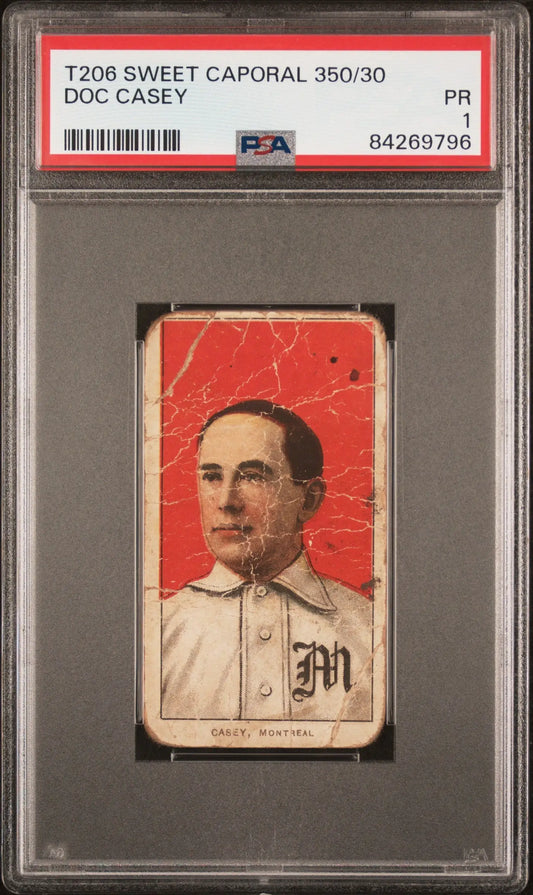 Vintage T206 Sweet Caporal Doc Casey baseball card graded PSA 1 in protective holder