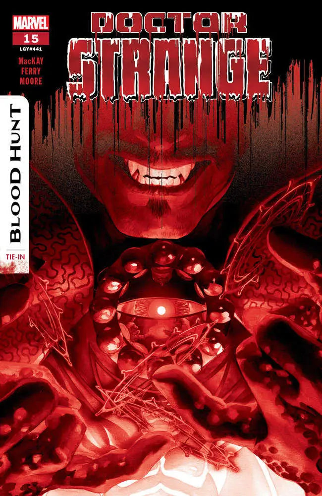 Sinister red Doctor Strange #15 comic cover with glowing eyes for Blood Hunt promotion