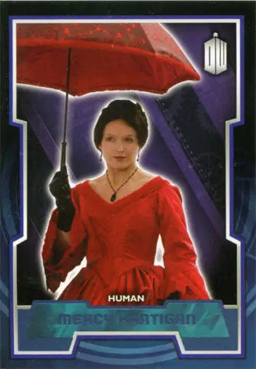 Woman in a bright red dress with a red umbrella on Doctor Who Blue Foil Parallel Card