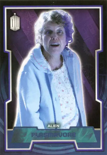 Elderly woman with white hair in blue jacket featured on Doctor Who Blue Foil Parallel Card