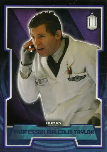 Man in a white lab coat using a phone on Doctor Who 2015 Purple Foil Parallel Card