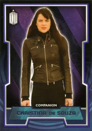 Purple foil parallel card featuring a woman in a dark jacket against a purple background