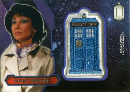 Tardis patch featuring Susan Foreman on a Doctor Who trading card design