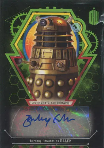 Metallic robotic creature with eyestalk on Doctor Who Barnaby Edwards Autograph Card