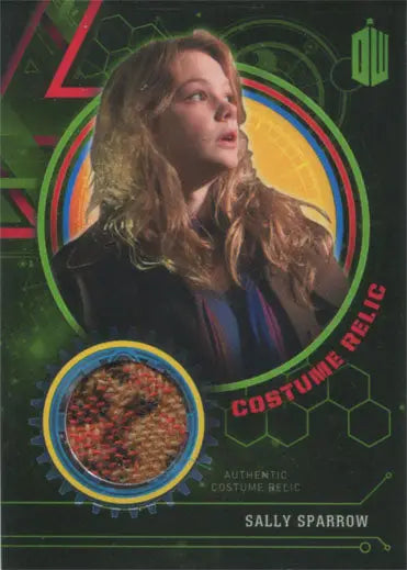 Sally Sparrow trading card with blonde woman and vibrant graphics from Doctor Who series