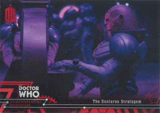 Robotic humanoid with dome-shaped head in purple, featured in Doctor Who Red Parallel Chase