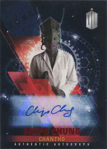 Signed Doctor Who Autograph Card featuring Chipo Chung as Chantho against a cosmic backdrop