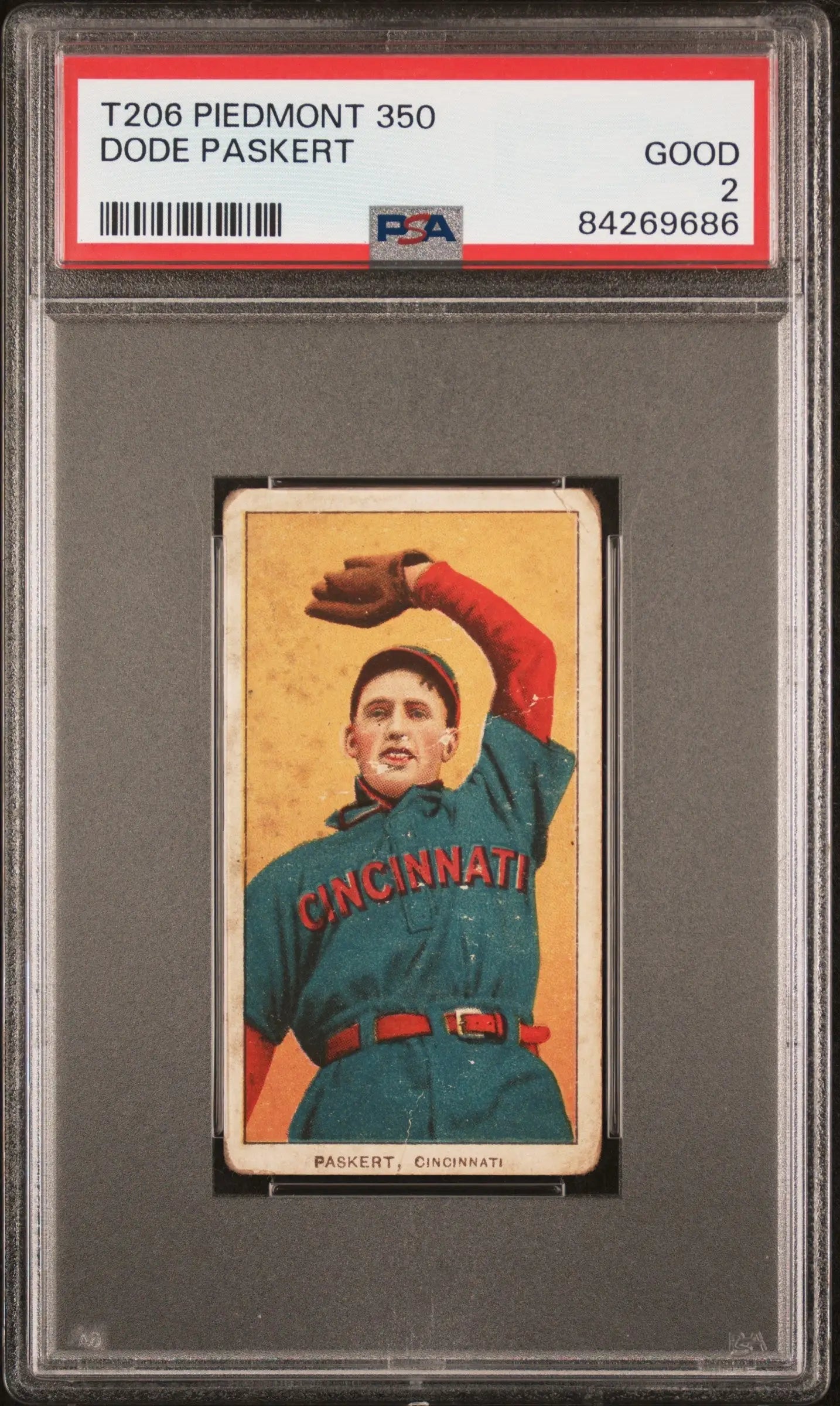 PSA-graded Dode Paskert T206 Piedmont baseball card featuring vintage Cincinnati player