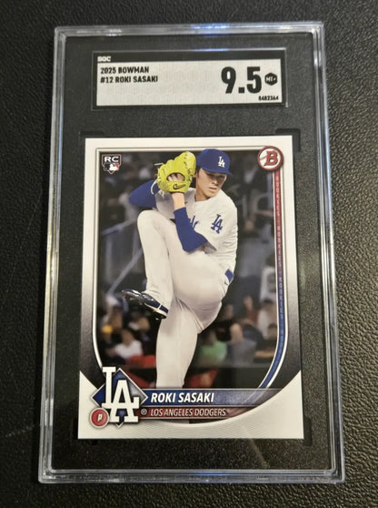 Graded Roki Sasaki rookie card with 9.5 grade and New Era 9FIFTY Snapback hat