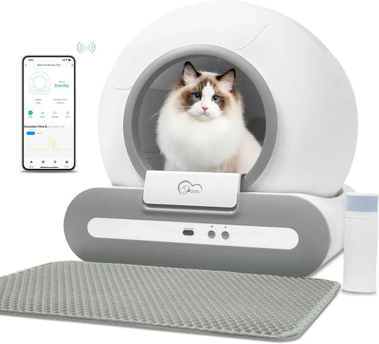 Self-cleaning cat litter box with smartphone control and spacious bucket compartment for cat litter