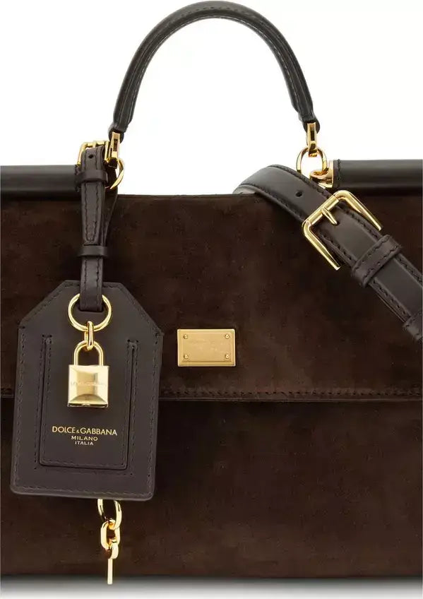 DOLCE & GABANA brown suede Sicily handbag with gold-tone hardware and detachable strap