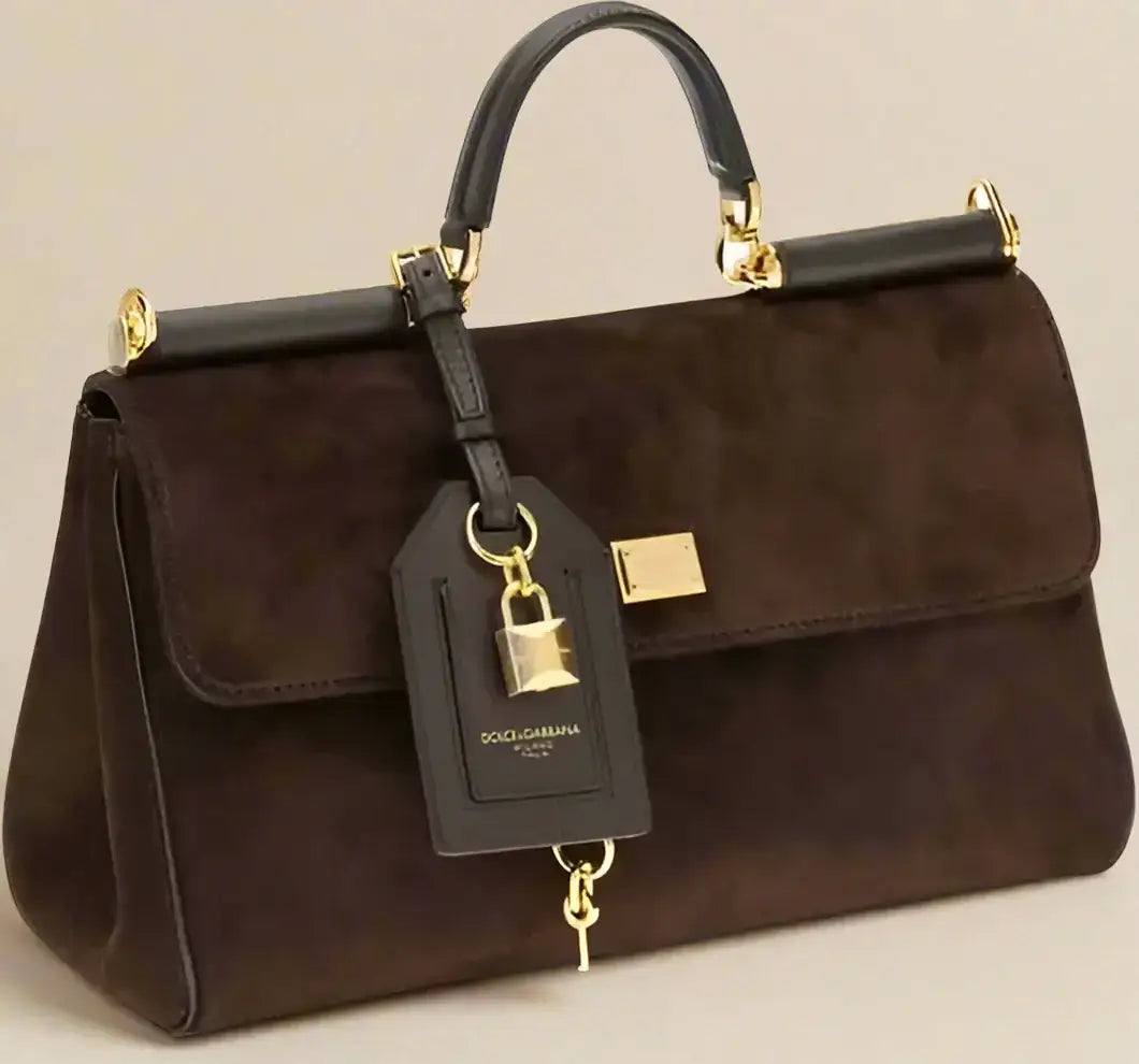 DOLCE & GABANA Sicily handbag in brown suede with gold hardware and lock charm