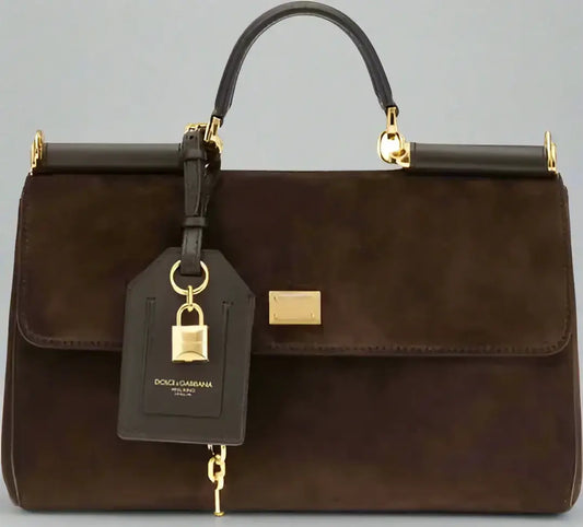 DOLCE & GABANA Sicily handbag in brown suede with top handle and gold hardware