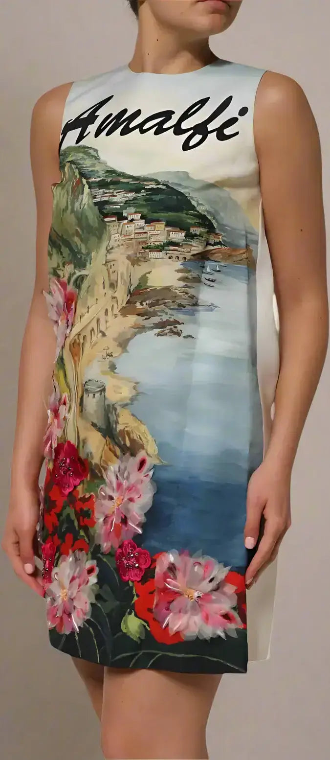 Sleeveless shift mini dress with Amalfi Coast landscape and floral print by DOLCE & GABBANA
