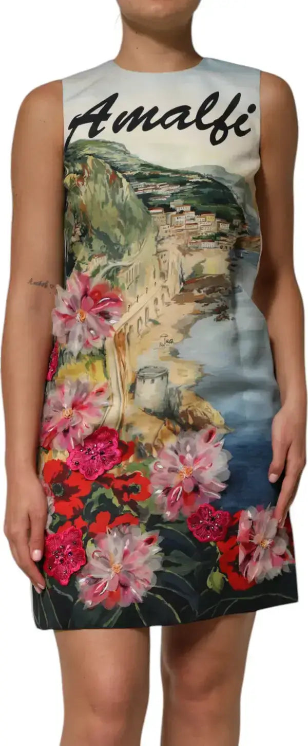 Sleeveless Dolce & Gabbana mini dress with Amalfi coast print and floral embellishments