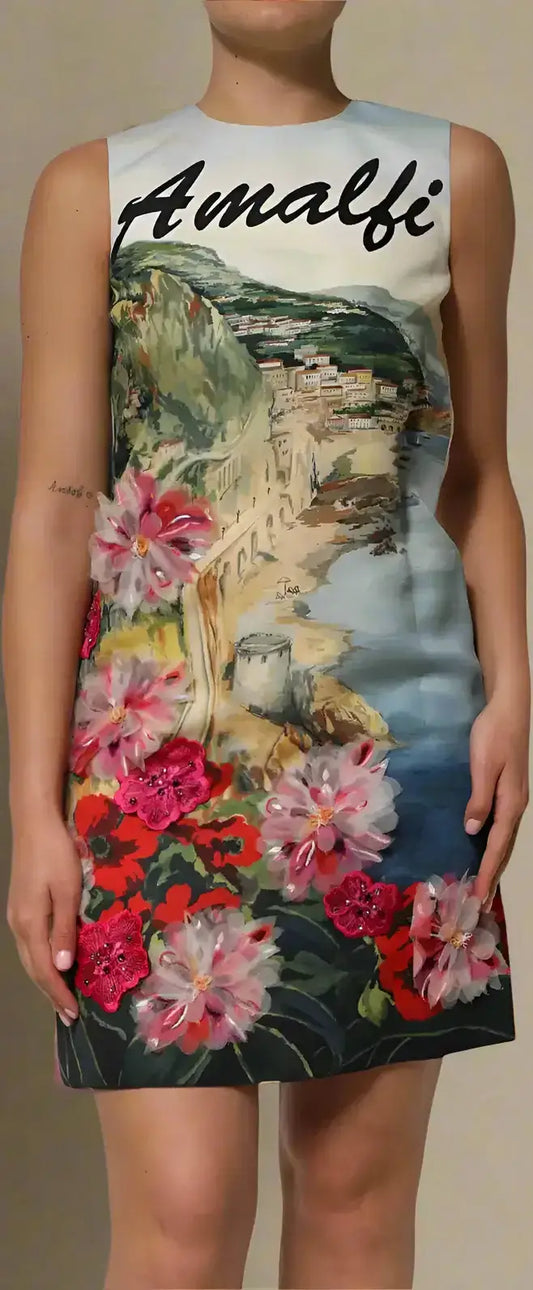 Vibrant Amalfi coast print mini dress with floral appliques and crystal embellishments