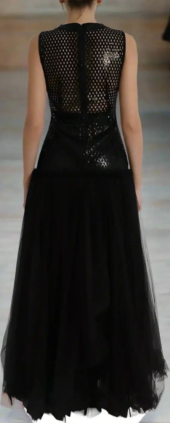 Black sequined Gabbana black sleeveless gown with mesh top and tulle skirt