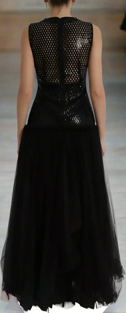 Black sequined Gabbana black sleeveless gown with mesh top and tulle skirt