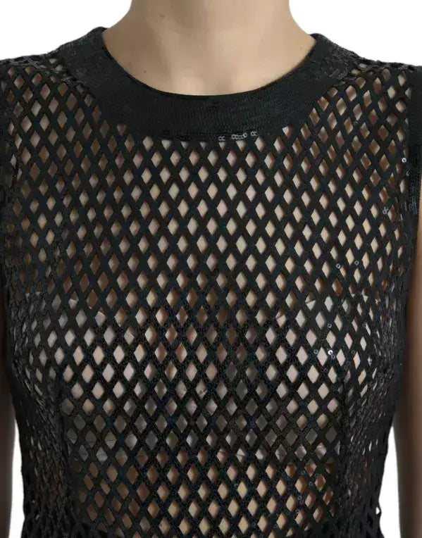 Black sequined sleeveless mesh layered gown dress with ribbed crew neck by Dolce & Gabbana