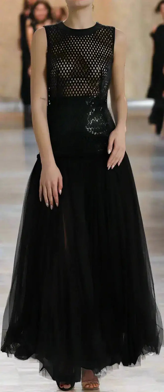Gabbana black sequined sleeveless gown with mesh bodice and full tulle skirt