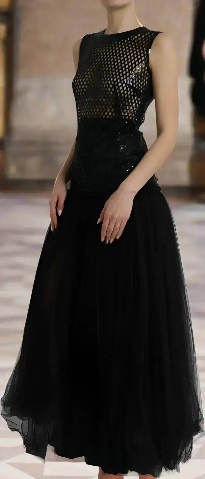 Dolce & Gabbana Black Sequined Sleeveless Gown with shimmering patterned bodice