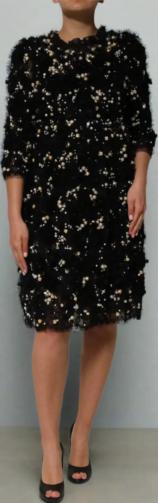Gabbana black shift dress with sequin and fringe embellishments and open-toe heels
