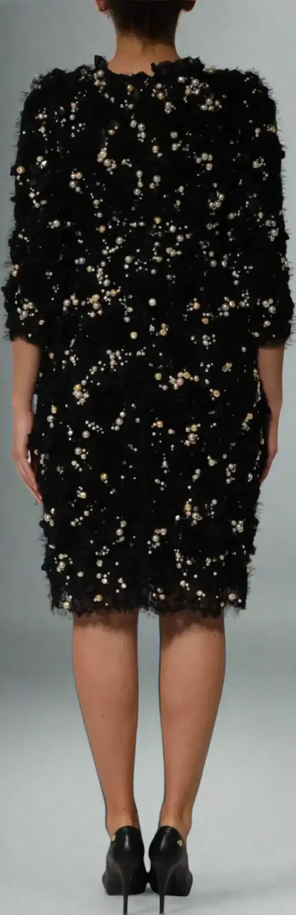 Gabbana Black shift dress with scattered white embellishments and pearl accents