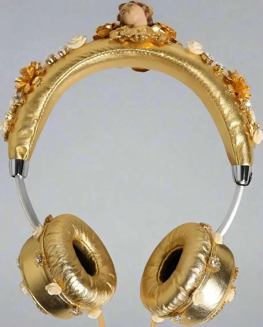 Dolce & Gabbana Gold Leather Floral Crystal Angel Headset Headphones - Headphones