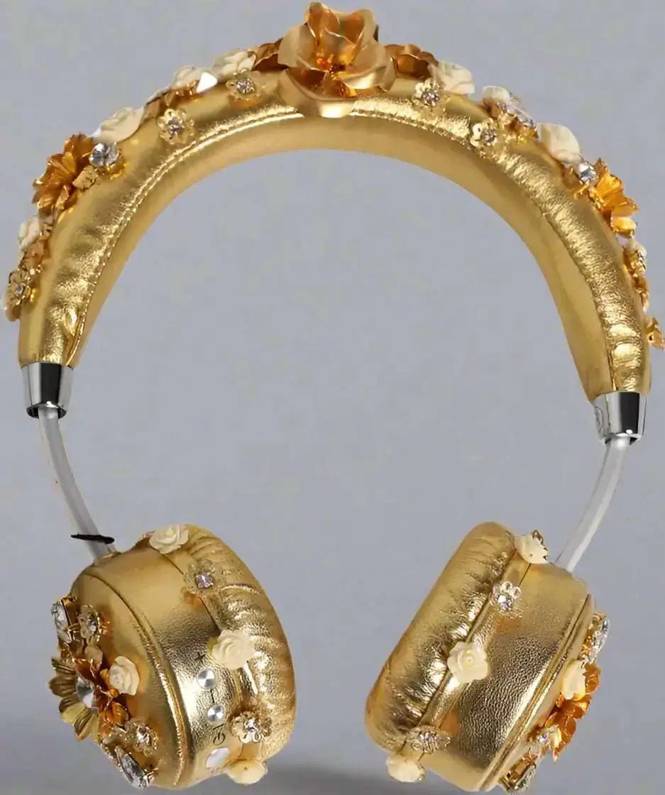 Dolce & Gabbana Gold Leather Floral Crystal Angel Headset Headphones - Headphones