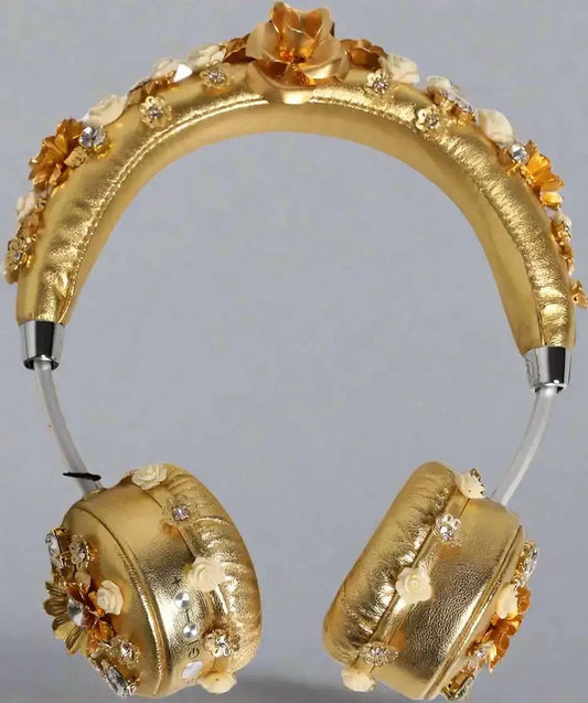 Dolce & Gabbana Gold Leather Floral Crystal Angel Headset Headphones - Headphones